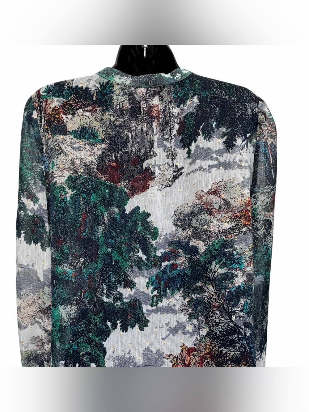 White House Black Market M Scenic Toile Print Sheer Blouse Ruffle Cuff - Picture 9 of 15
